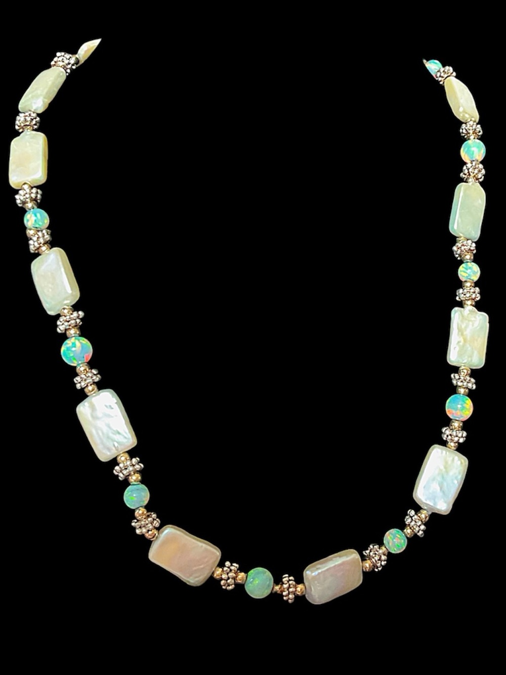 Vintage Sterling Silver Luminous Freshwater Pearls Lab Opal Beaded Necklace 17”